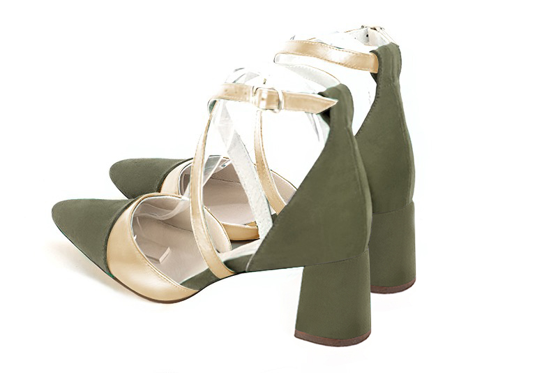 Khaki green and gold women's open side shoes, with crossed straps. Tapered toe. Medium flare heels. Rear view - Florence KOOIJMAN